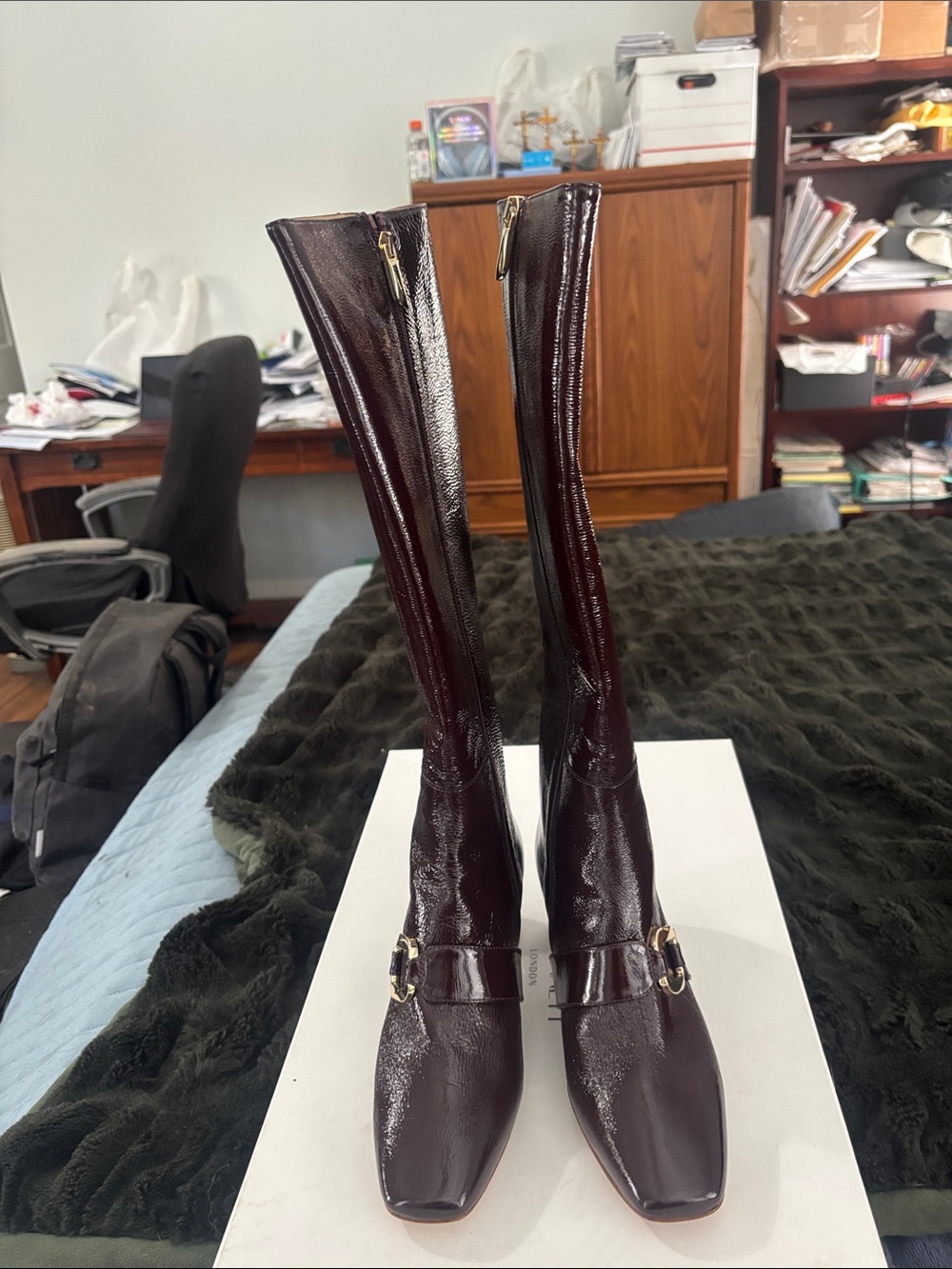 LK Bennett Patent Over-the-Knee Riding Boots in Burgundy